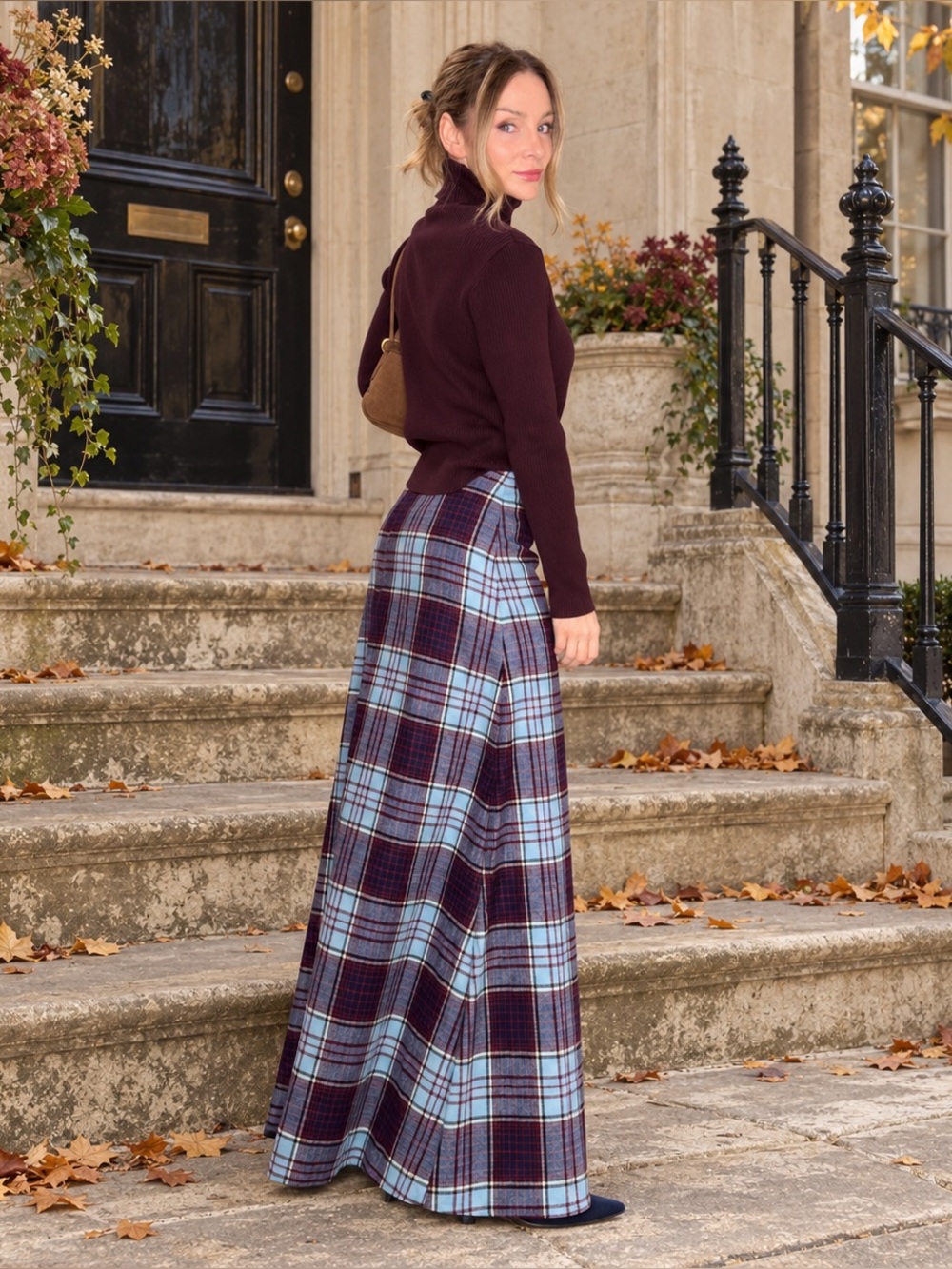 Blue & Burgundy Plaid High-Waisted A-Line Maxi Skirt